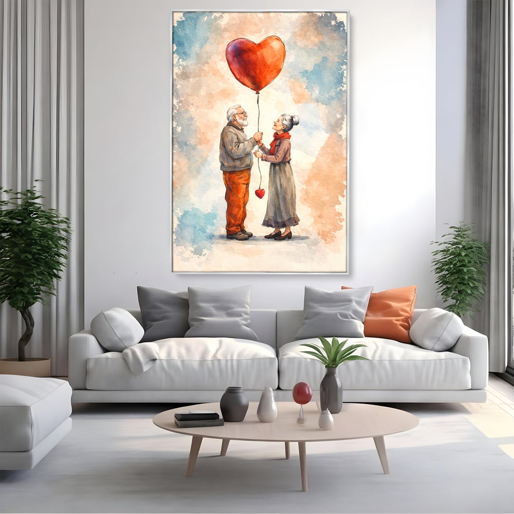 Tablou canvas cu tablou canvas cuplu in varsta si inima, in rama de aluminiu argintiu, pe perete intr-un living